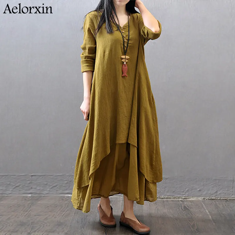 Женское платье макси из хлопка и льна асимметричное двух частей с длинным