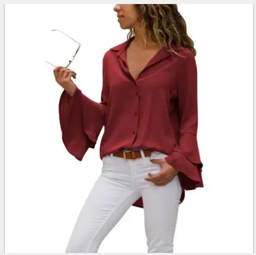 Women Blouses 2018 New Autumn Slim Fit Solid Single-Breasted Lady Fashion Casual Turn Down Collar Butterfly Sleeve Shirt |