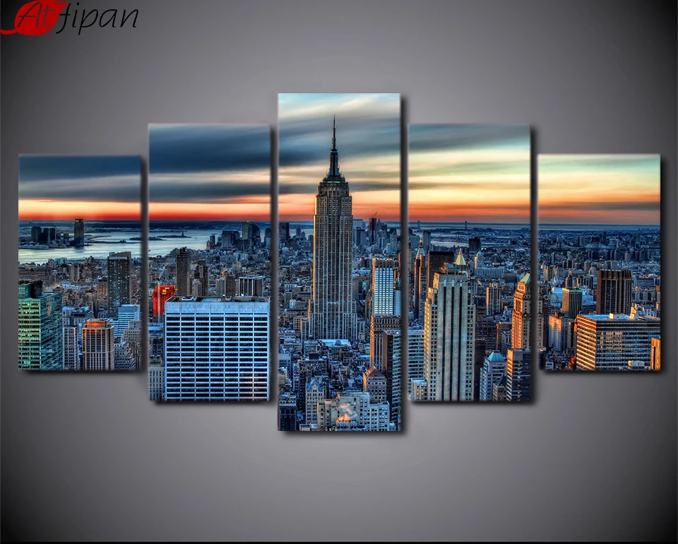 

Canvas Wall Art Painting Home Decor 5 Panel City Building Landscape For Living Room Modern HD Printed Pictures Poster Frame