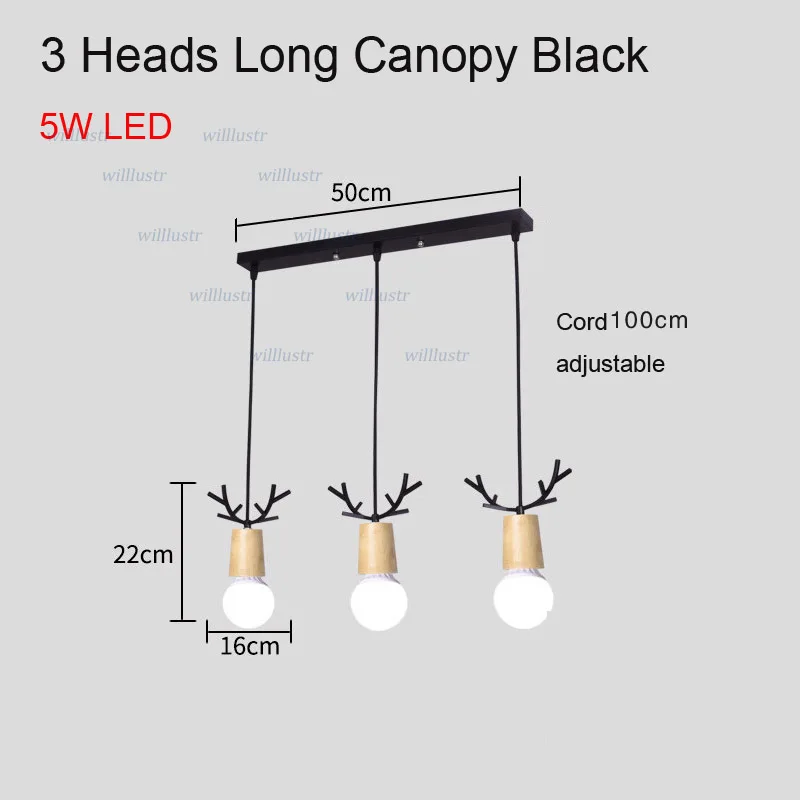 3 Heads Long Black Деревянный светодиодный подвесной светильник с железными рогами для кафе, бара, ресторана, отдыха, пекарни, кухни, столовой, головы оленя, подвесной светильник в стиле арт-деко - Цвет корпуса: 3 Heads Long Black
