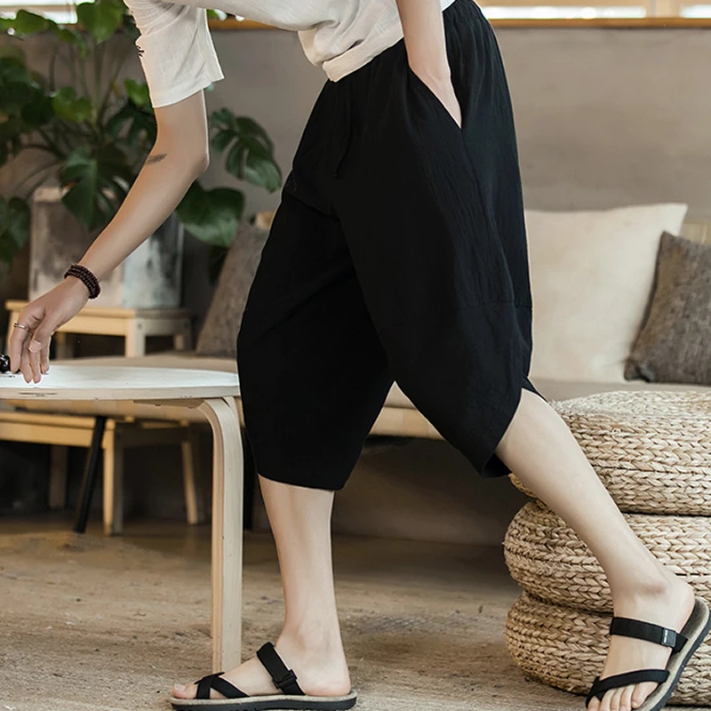 

Men Pants Wide Crotch Harem Pants Loose Large Cropped Trousers Wide-legged Bloomers Chinese Style Baggy Cotton Linen