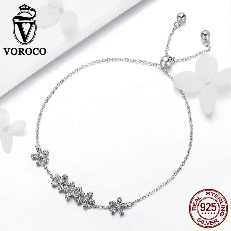 VOROCO Аутентичные 100% 925 пробы Серебряный Маргаритка Цветочные блестящие браслеты 3A