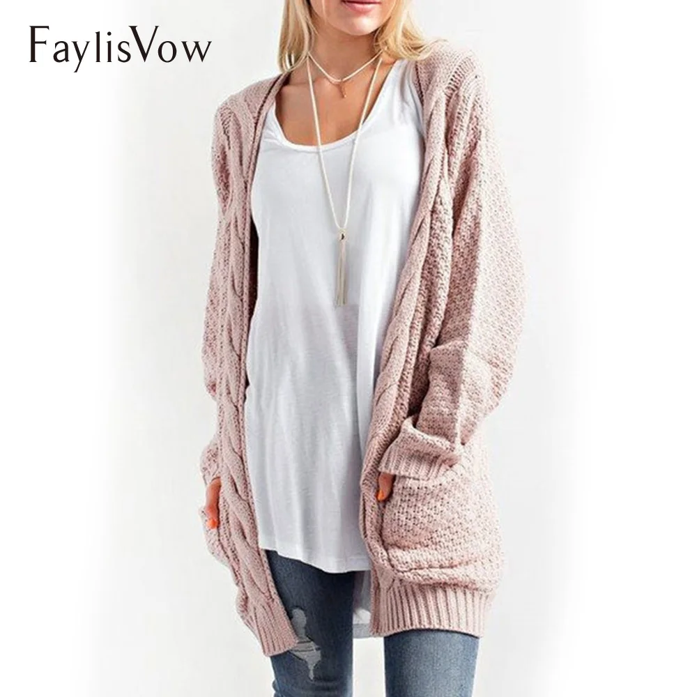 Pink Cozy Cable Knitted Cardigan Long Sleeve Open Stitch Pockets Sweater Women Plus Size Loose Female Cardigans Ladies Jackets |