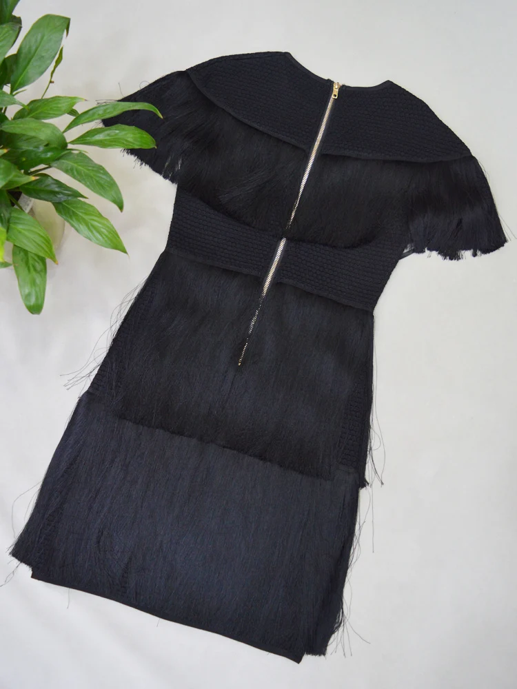 Halinfer New summer women dress sexy body O-Neck Mesh Tassel Mini Rayon Bandage celebrity party dresses vestidos