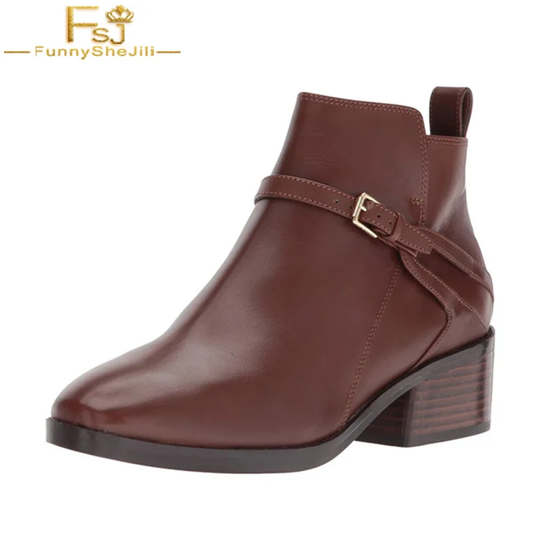 

FSJ Fashion Brown Ankle Boots Med Square Heel Patent Leather Round Toe Women Shoes Handmade Buckle Side Zipper Dress Casual 2021
