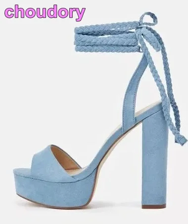 

Customized Sky Blue Yellow Suede Chunky Heel Sandals Women Platform Dress Shoes Ankle Braided Tied Up Ultra High Heel Pumps