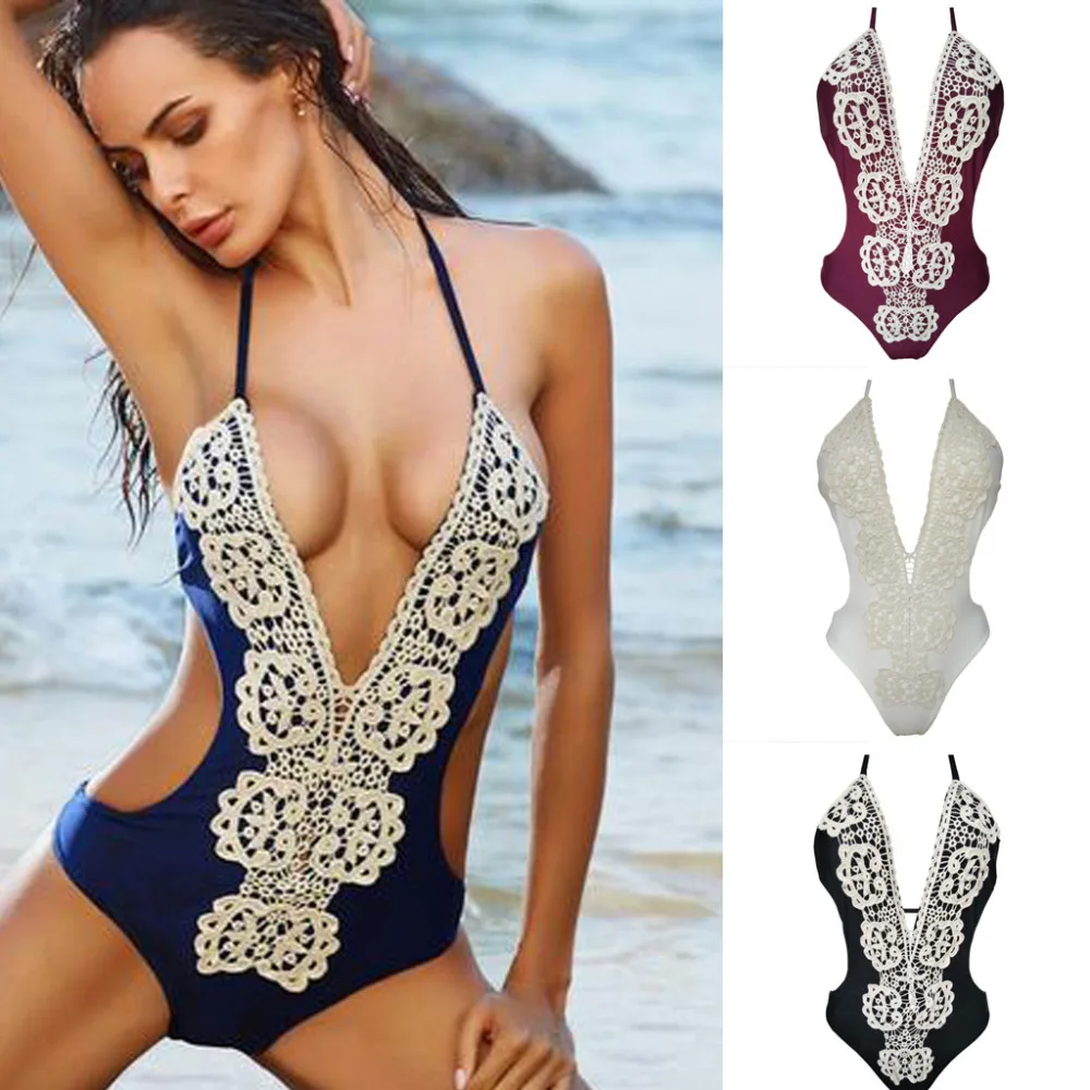Женский цельный кружевной сексуальный купальник с v-образным вырезом бикини