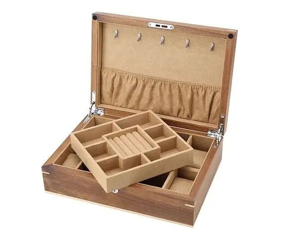 Двухслойная коробка для хранения ювелирных изделий черного ореха из цельного