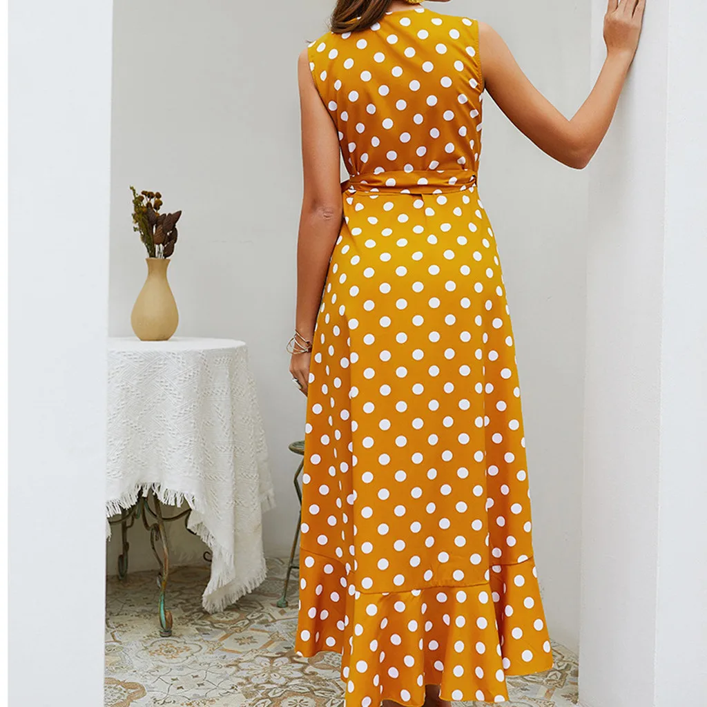 Casual Summer Outdoor Beach Lady V-neck Dot Print Sleeveless Irregular Maxi Dress Party Elegant Sexy Bohe Long | Женская одежда