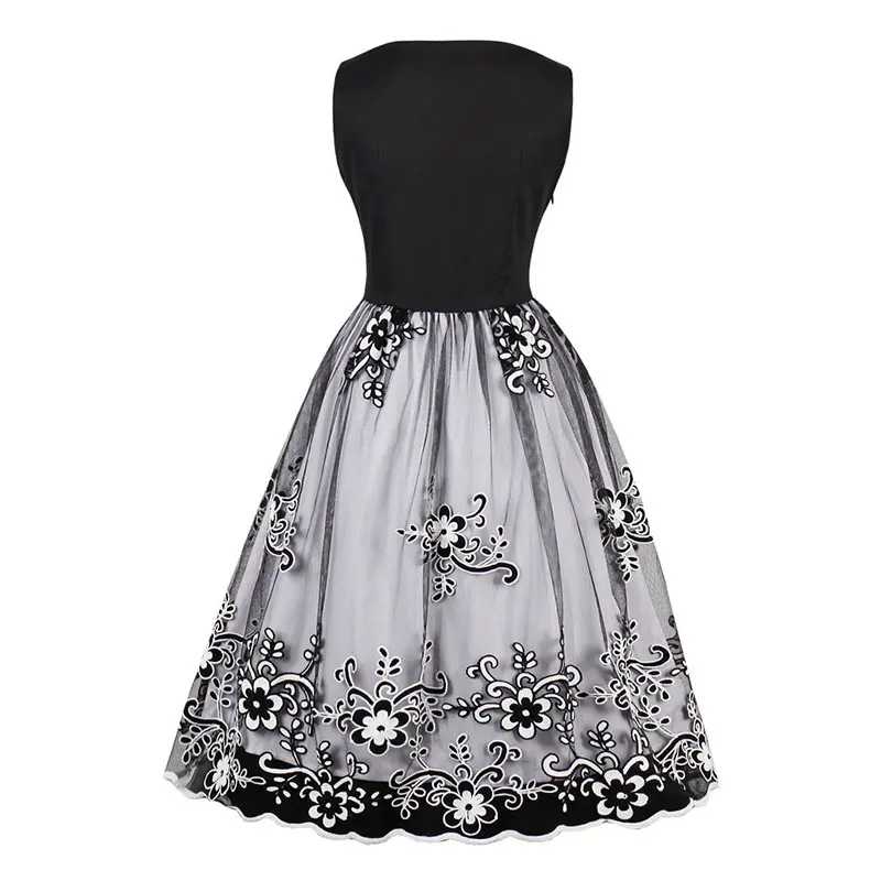 [JAVERS] Gorgeous Floral Embroidery 50s Vintage Rockabilly Ball Gown Party Dress Women Sleeveless Mesh Patchwork Plus Size | Женская
