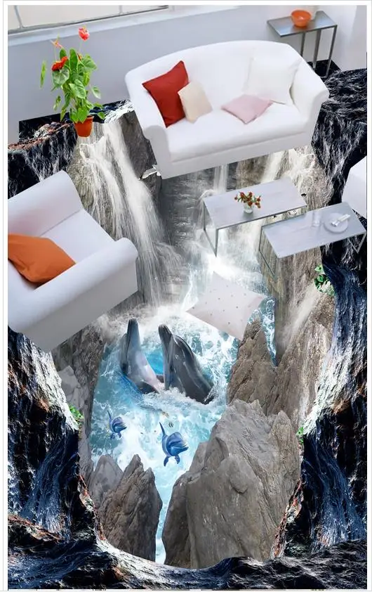 HomeDecoration 3d cliff waterfalls sea bathroom walkway flooring pvc self-adhesive wallpaper | Обустройство дома