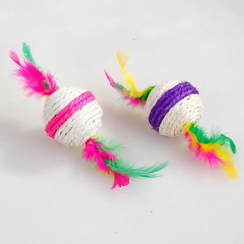 Two Feathered Natural Sisal Candy Pet Cat Toy Multicolor Catch Ball | Дом и сад