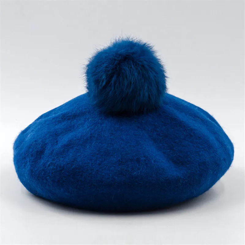 Peacock Blue Женская шерстяная французская шапка, береты, шапочки с помпоном, для девочек, девичьи шапочки, плоская шапка, помпон, берет - Цвет: Peacock Blue