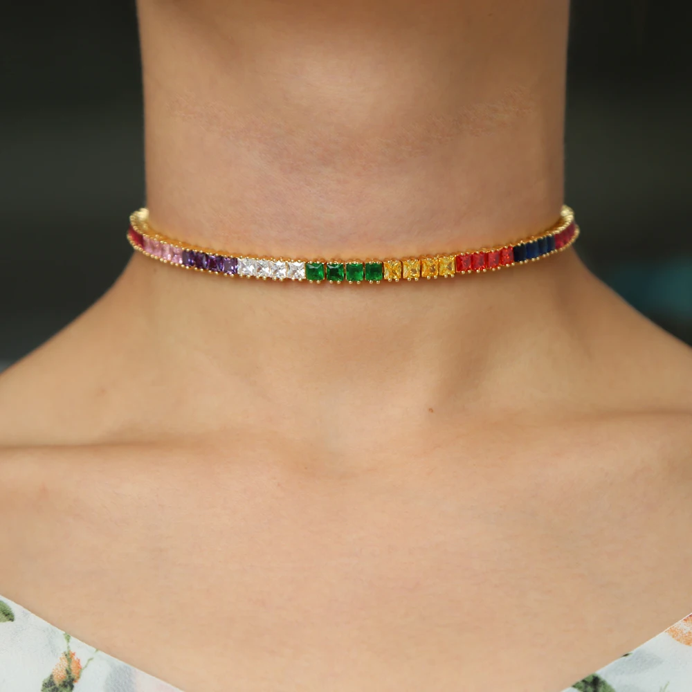 Ожерелье-чокер с радужной багеткой и фианитом | Украшения аксессуары
