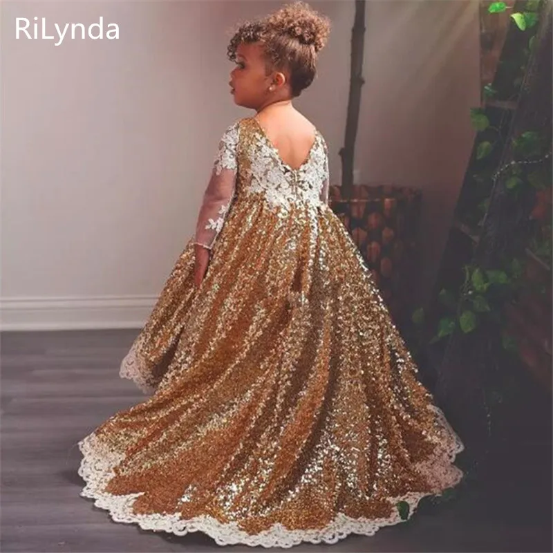 Photo Color Платья с золотыми блестками для девочек, держащих букет невесты на свадьбе; кружевное платье с длинными рукавами для малышей; пышные платья с аппликацией; бальное платье на заказ - Цвет: Photo Color