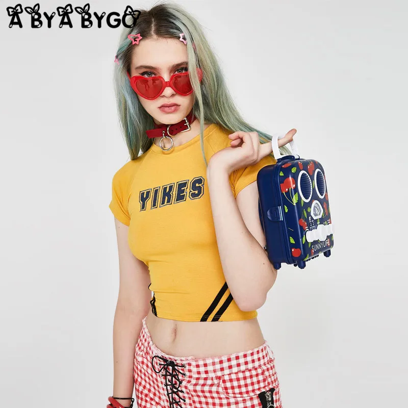 ABYABYGO хлопок короткий рукав o образным вырезом Harajuku с буквенным принтом Топ