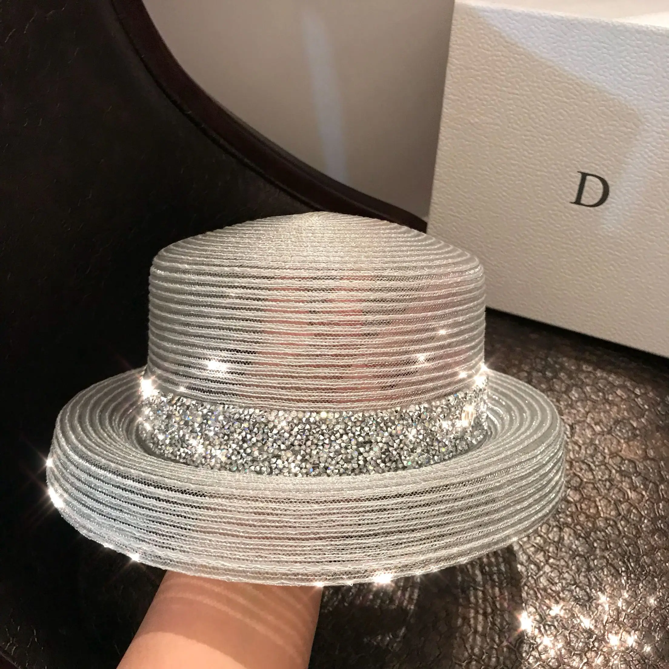 

01906-jiejia pp straw patchwork Transparent wire Hepburn style Drill ribbon lady holiday bucket cap women leisure hat