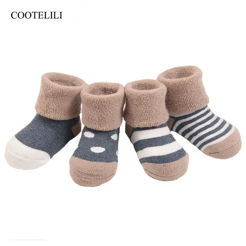 COOTELILI/4 пар/лот; зимние носки для маленьких девочек; детские вещи; теплая Плотная хлопковая одежда для маленьких девочек; детские носки в полоску и горошек; От 0 до 3 лет