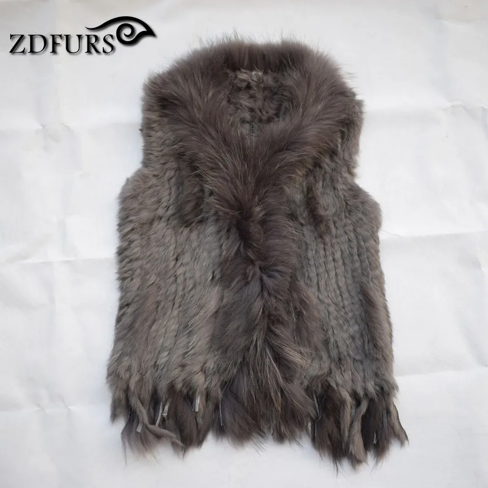 ZDFURS* вязаный жилет из кроличьего меха, меховой воротник из енота, вязаный жилет из кроличьего меха, жилет