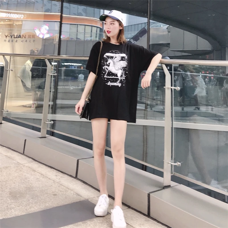 Harajuku Black Women T-shirt 2018 Unicon Star Printing Aesthetic Summer Tee Shirt Femme Casual Loose Tshirt | Женская одежда