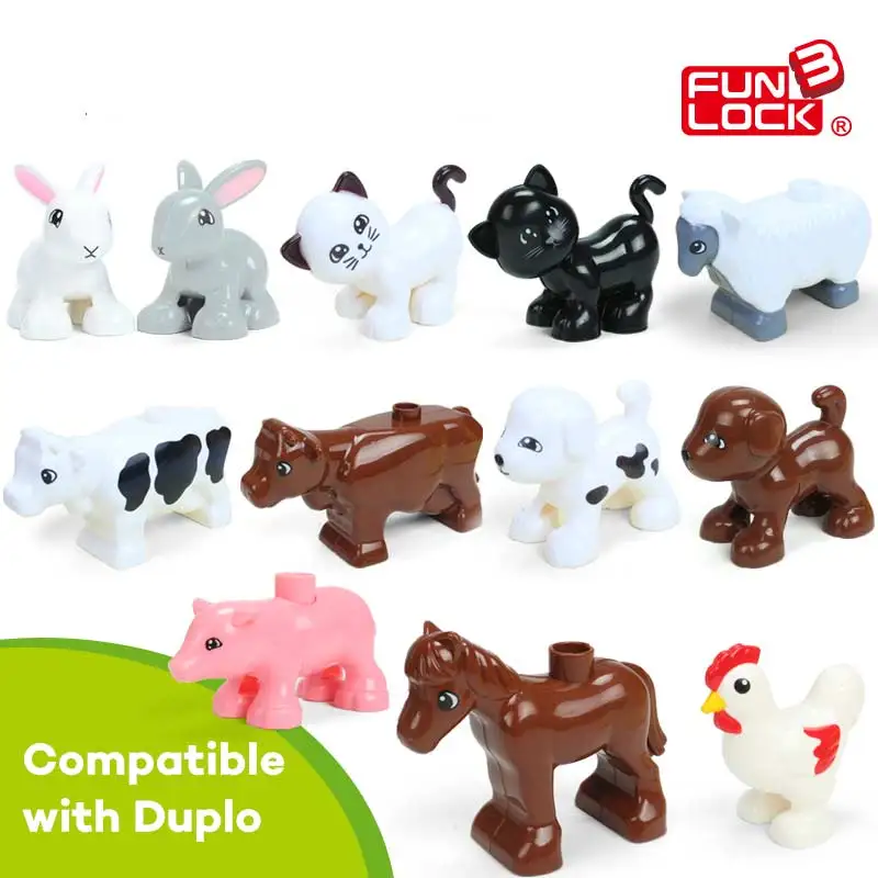 Funlock Duplo игрушки фигурки животных на ферме кролик кошка собака корова пони свинья