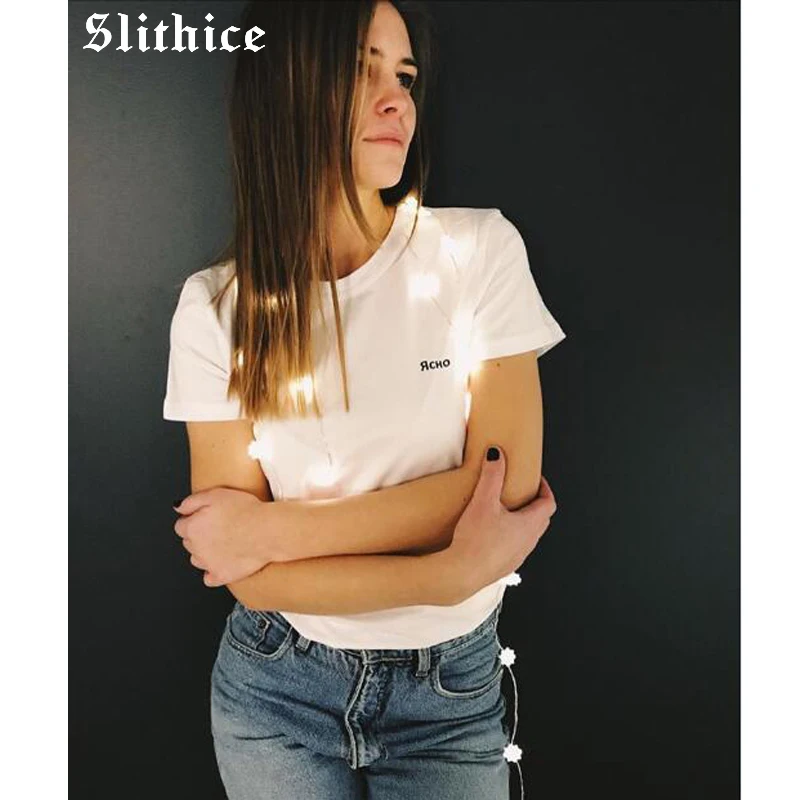 Slithice летняя женская футболка Топ принт в виде русских букв с коротким рукавом