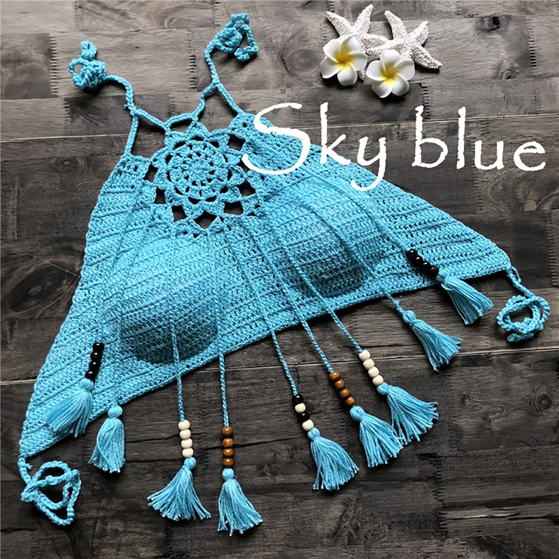 Boho пляж бикини Холтер Cami женщины крючком кружева Bralette вязать бюстгальтер Танк укороченный топ