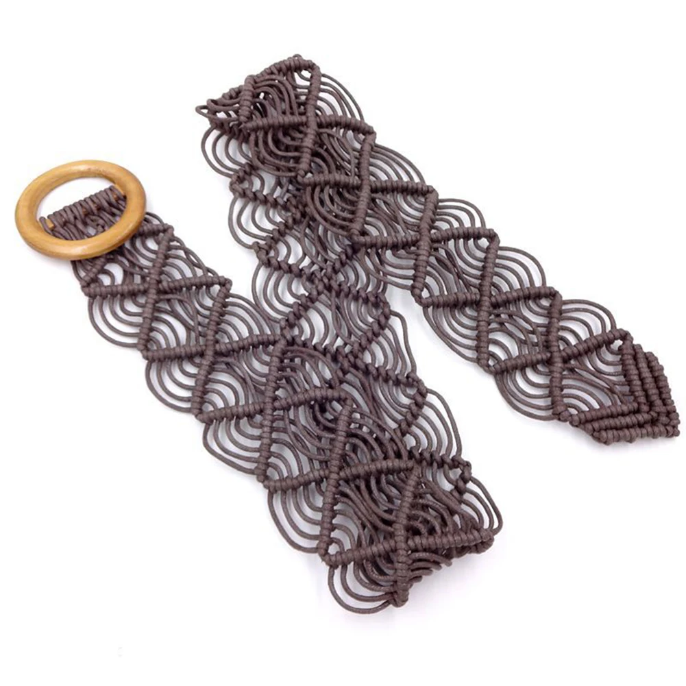 Женский плетеный пояс в стиле бохо вязаный 100 см круглая деревянная пряжка