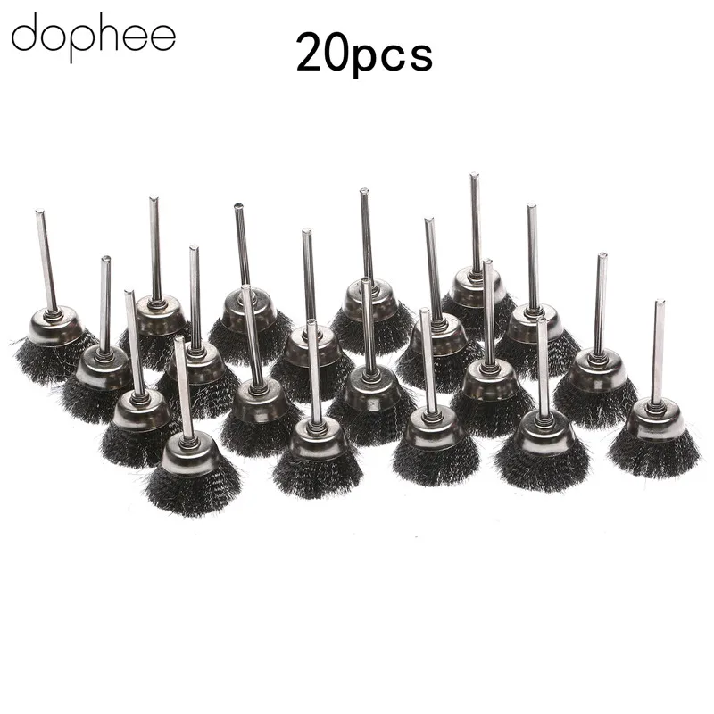 Dophee 20 шт. Dremel металлическая вращающаяся щетка Dremel вращающиеся инструменты 3 мм хвостовик 25 стальной провод чашки щетки Foredom ротационный штамп шлифовальный станок