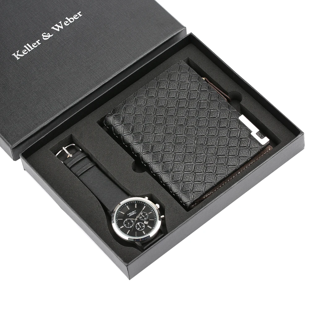Business Men's Quartz Wristwatch Men Watches Purses Money Clip Credit Card Leather Wallet Gift Set for Dad Boyfriend Top Luxury