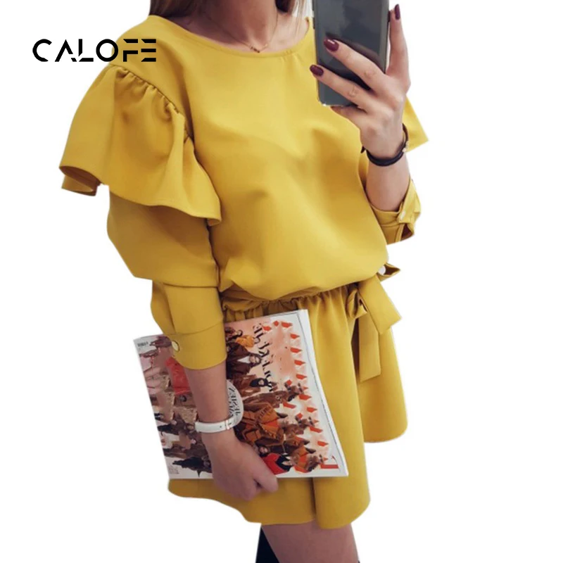 CALOFE однотонное мини-платье с оборками Женская мода 2018 летний сарафан бантом Vestidos