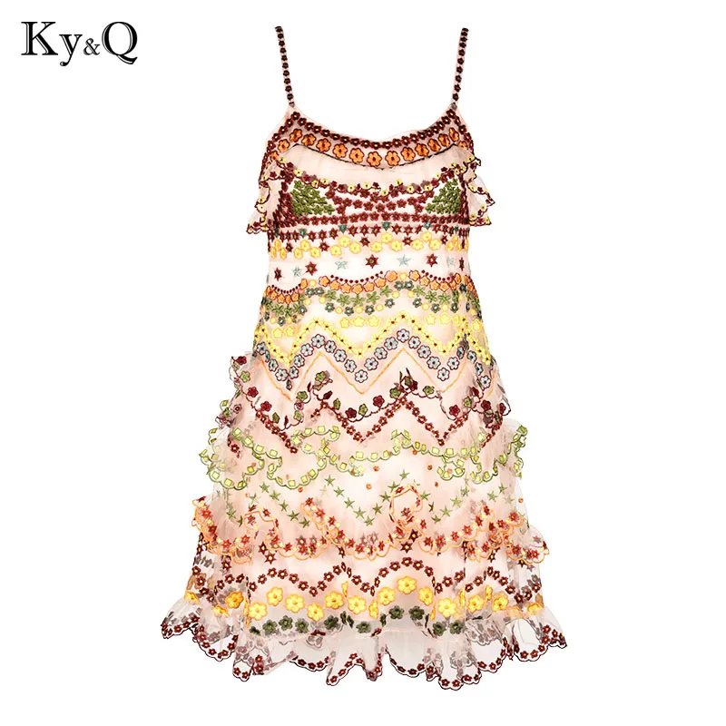Luxury Floral Embroidery Striped Sweet Spaghetti Strap Beach Dress Women 2019 Summer Female Runway Party Dresses Tunic Clothing | Женская