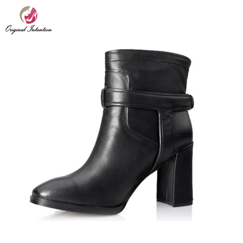 

Original Intention Elegant Women Ankle Boots Genuine Leather Black Block Heels Boots Fashion Shoes Woman Size 4-8.5