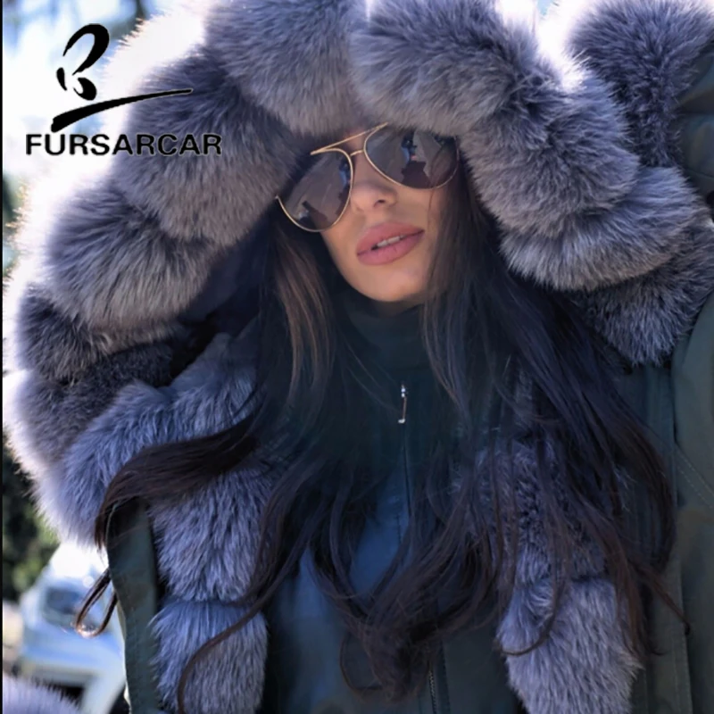 

FURSARCAR New Arrival Real Fur Coat Women Luxury New Winter Fashion Fur Parka For Female With Thick Fox Fur Trim Hood And Cuff
