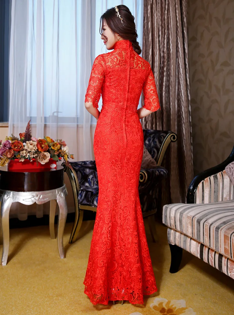 Красное Кружевное женское платье Ципао Qipao традиционное китайское свадебное
