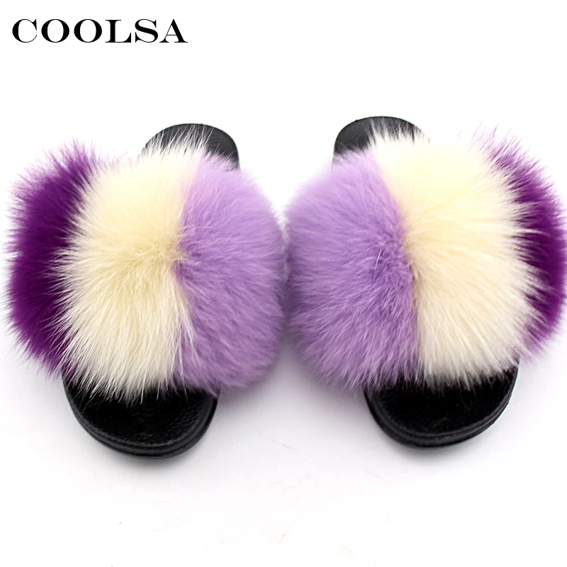

Coolsa Summer Women Slippers Real Fox Fur fluffy Mixed Colors Fur Slides Rubber Flat Non Slip Indoor Sandals Female Plush Shoes