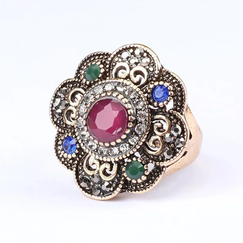 red with gold Турецкий античный золотой кристалл цветок кольца для женщин черный камень серебро готическое кольцо винтажные аксессуары богемные ювелирные изделия - Цвет основного камня: red with gold