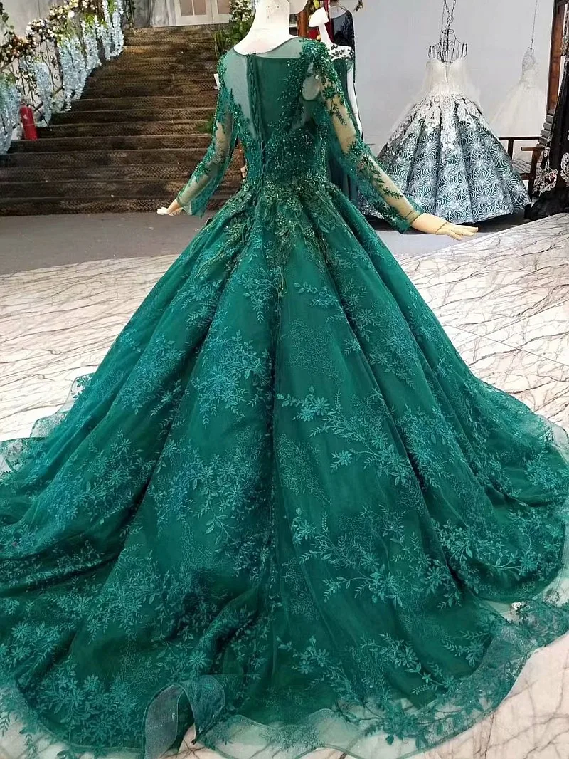 LS963214 королевский зеленый мусульманский вечернее платье длинные тюлевые рукава o шеи бисер цветы бальное платье женщины случай платье Китай опт