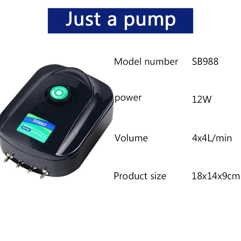 SB988 Just a pump SOBO 8 Вт 12 Вт кислородный воздушный насос для аквариума воздушный компрессор для аквариума Регулируемый воздушный поток кислородный насос для рыб 2/4 воздушные розетки - Цвет: SB988 Just a pump
