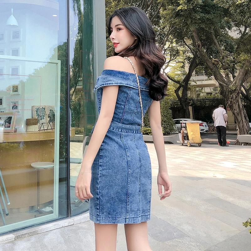 С открытыми плечами Bodycon Midi джинсовое платье для женщин лето vestidos 2019 Новый пояс