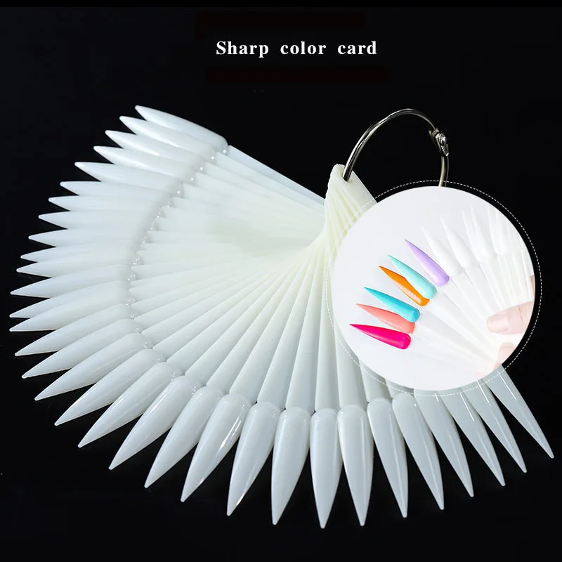 50pcs False Nails Sharp Fan Shaped Nail Art Polish Color Card Acrylic Practice Chart Palette Buckle Ring Display Manicu | Красота и