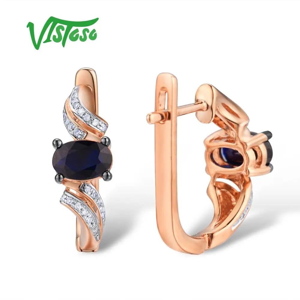 VISTOSO золотые серьги для женщин, Настоящее 14 к 585 розовое золото, сверкающий синий сапфир, бриллиант, изысканное ювелирное изделие для юбилея