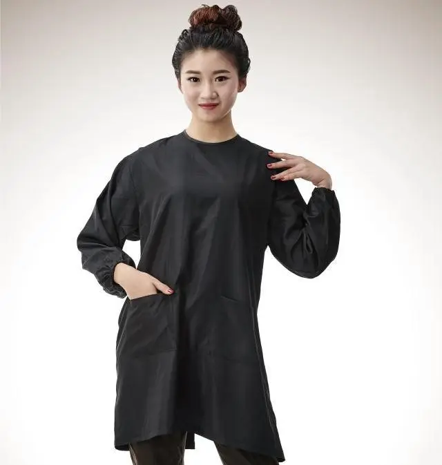 

Hair salon loose back tie closure high quality polyester waterproof and static free white barber jacket