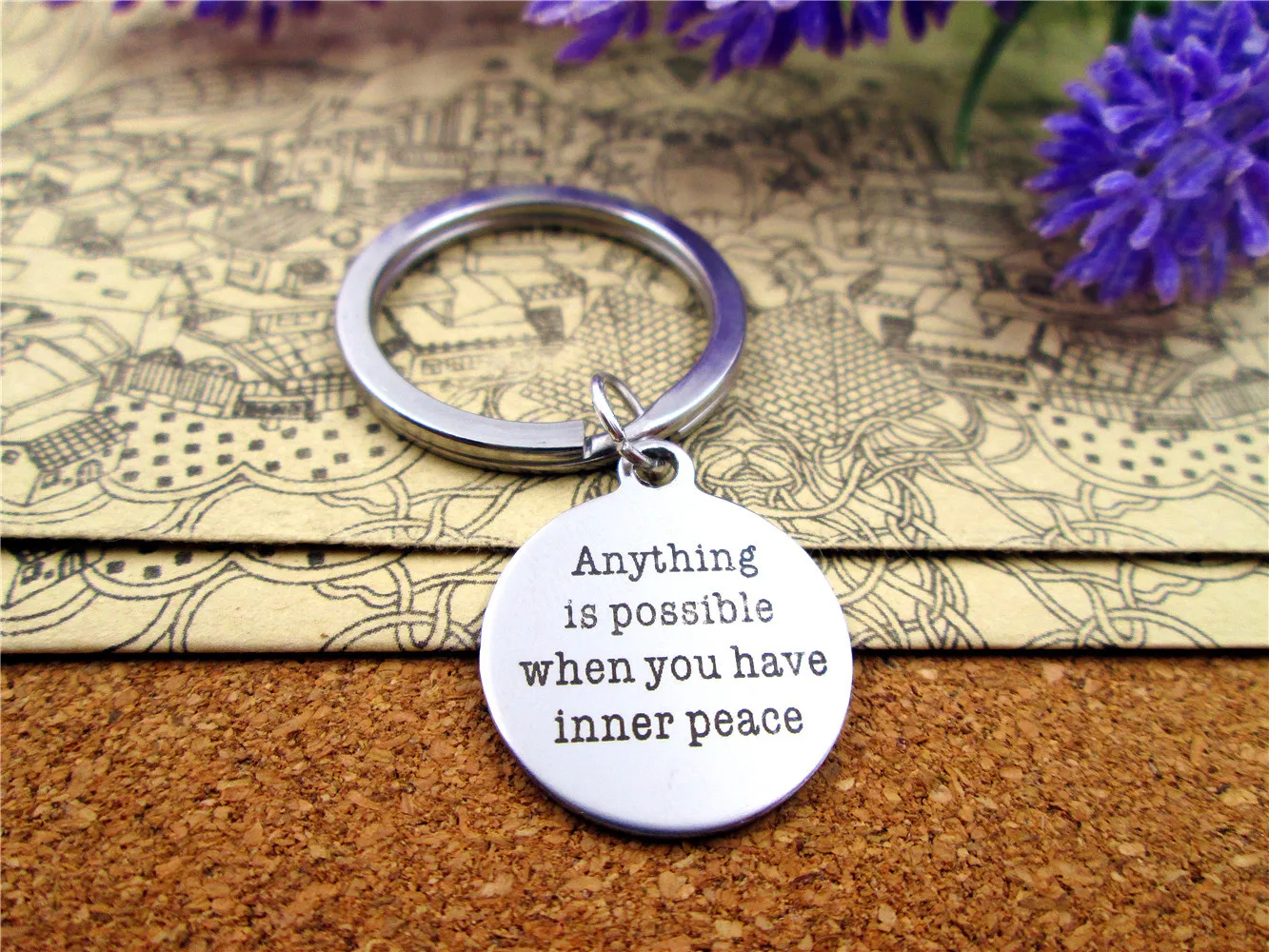 

3pcs/lot 28mm stainless steel keyring with 20mm stainless steel circle"anything is possible when you have inne peace " charms