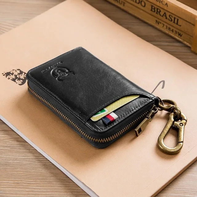 Натуральная кожа короткие кошельки Для мужчин Key Holder ключница ключи Организатор Для женщин брелок охватывает молния ключеник сумка Кошельки - Цвет: black