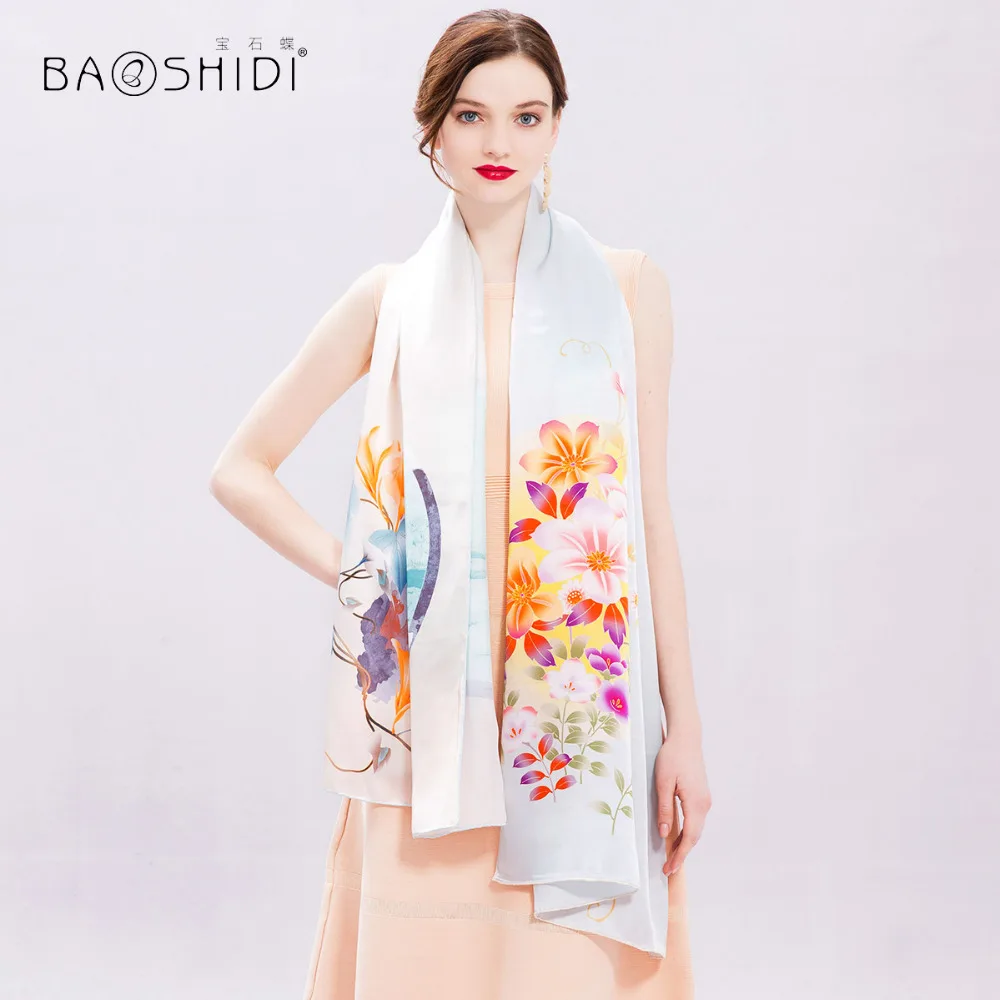 [BAOSHIDI] 100% шелковый длинный шарф для женщин Элегантная Дамская шаль бесконечности
