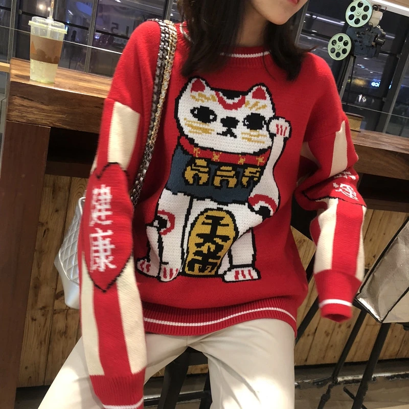 Веселые милые женские красные свитера с изображением из мультфильма Lucky Cat с вышивкой Harajuku Kawaii вязаный пуловер зимний свитер с длинным рукавом и круглым вырезом