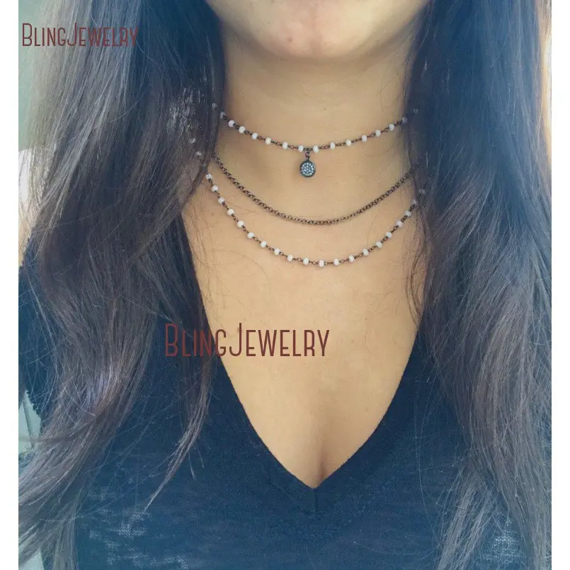 

Gunmetal Triple Layer Choker with White Crystal Beaded Chain and Pave Crystal Gunmetal Disc Charm NM20052