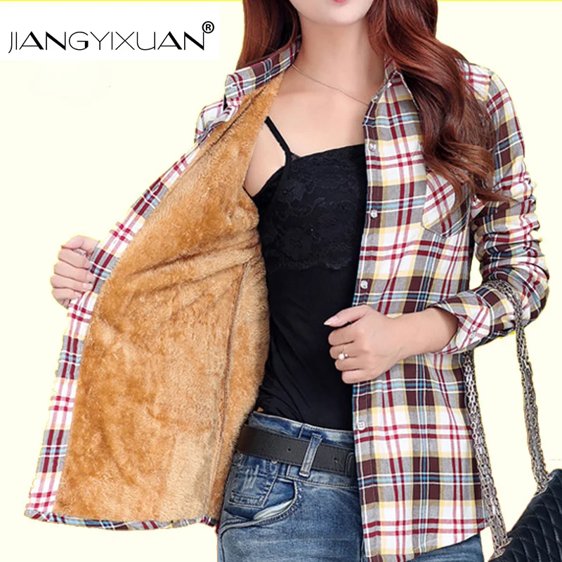 

JIANGYYIXUAN velvet hick Warm women's plaid shirt Cotton blouse shirt feminina female camisas feminine Blusa Ladies Casual