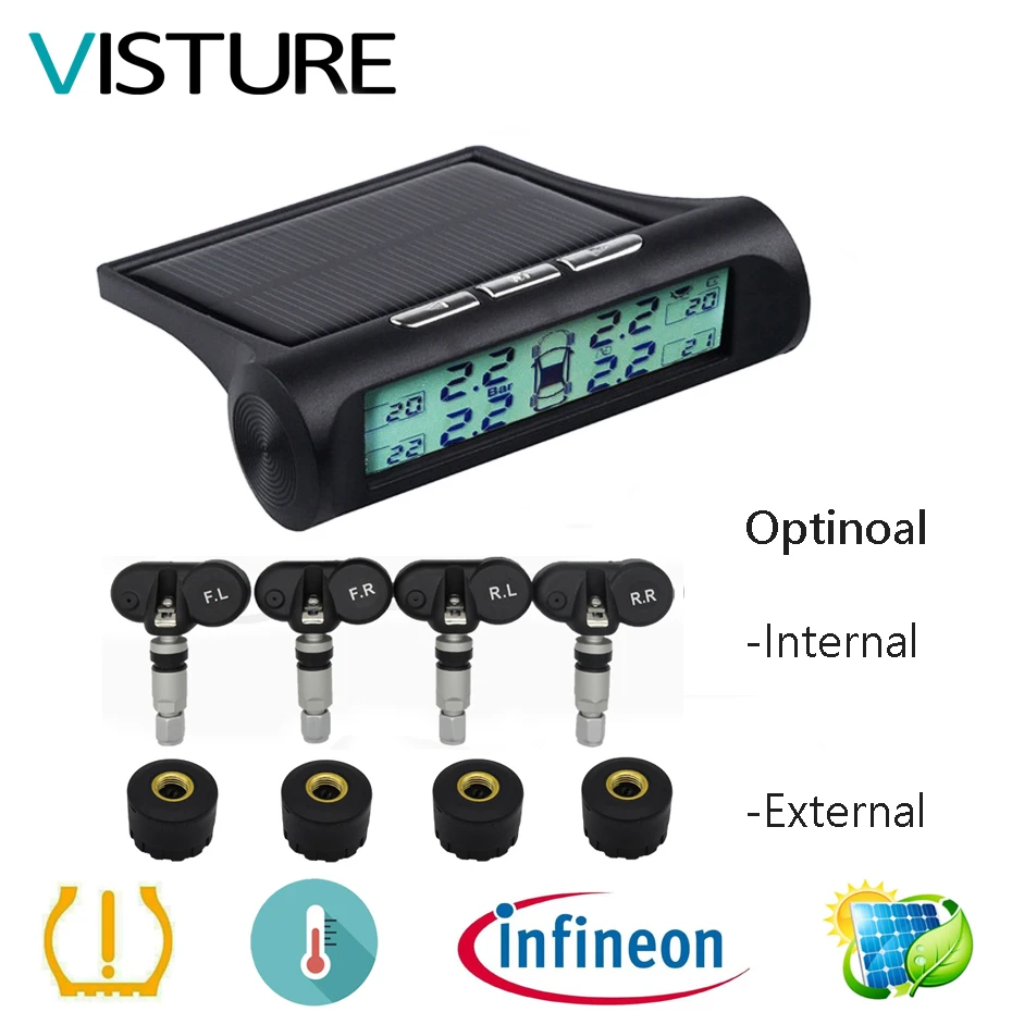 Tire Pressure Alarm Monitor System Car Solar TPMS Display 4 Internal / External Sensor Temperature Warning Visture D01W D01N | Автомобили